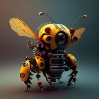 , Robot cyborg bee, concept blockchain and technology networks, yellow mechanical insect. Steampunk cyberpunk style, artificial intelligence photo