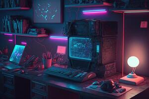 , Computer on the table in cyberpunk style, nostalgic 80s, 90s. Neon night lights vibrant colors, photorealistic horizontal illustration of the futuristic interior. Technology concept. photo