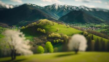 , Mountains spring green landscape, houses, trees, road, beautiful countryside. Nature Illustration, photorealistic tilt shift horizontal banner. photo