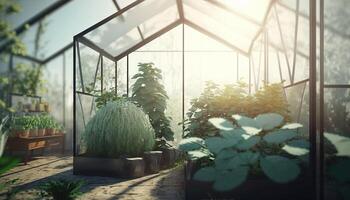 , Green house from the glass, tent-glass garden with a lot of plants. Photorealistic effect. photo