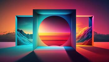 , Beautiful landscape with sun and mountains, in trendy 80s 90s colors, horizontal wallpaper. Abstract gradient background photo