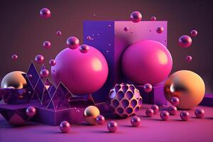 , geometric figures, cube, floating spheres and balls in magenta color. Glossy pink fluid banner, 3D scene effect, modern macro photorealistic abstract background illustration. photo