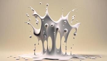 , Flowing liquid with splashes in white color. Glossy creamy milk fluid banner, 3D effect, modern macro photorealistic abstract background illustration. photo