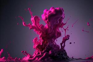 , Flowing liquid and smoke with splashes in magenta color. Bright pink fluid banner, 3D effect, modern macro photorealistic abstract background illustration, ink in water effect. photo