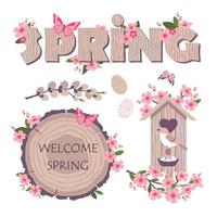 BIRDHOUSE SPRING WOOD SET vector