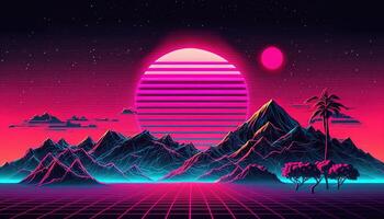 , Retro style, nostalgic 80s, 90s. Night landscape, sunset colors, scifi, retrowave vintage illustration. Sun, mountains, road and trees. Digital Retro Cyber Surface. photo