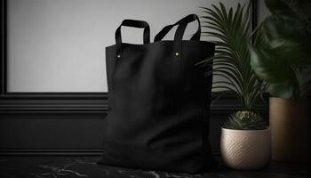 , Realistic black tote canvas fabric bag set-up in at home interior, mug mock up blank. photo