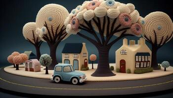 , cute street made of crochet, houses, trees, road, cars. Soft colors, dreamy scene cityscape made of crochet materials, wool, fabric, yarn, sewing for background photo