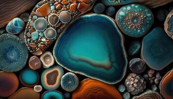 , natural volcanic agate stones close-up turquoise, brown and orange texture. Wallpaper background, quartz marble, decorative rock pattern photo