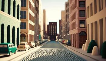 , cute street made of crochet, houses, trees, road, cars. Soft colors, dreamy scene cityscape made of crochet materials, wool, fabric, yarn, sewing for background photo