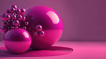 generativo ai, geométrico cifras, cubo, flotante esferas y pelotas en magenta color. lustroso rosado fluido bandera, 3d escena efecto, moderno macro fotorrealista resumen antecedentes ilustración. foto