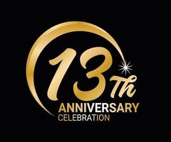 13th Anniversary ordinal number Counting vector art illustration in stunning font on gold color on black background
