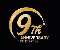 9th Anniversary ordinal number Counting vector art illustration in stunning font on gold color on black background