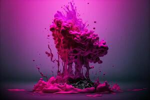 , Flowing liquid and smoke with splashes in magenta color. Bright pink fluid banner, 3D effect, modern macro photorealistic abstract background illustration, ink in water effect. photo