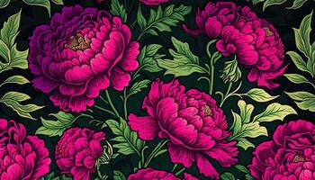 , Floral pattern. William Morris inspired natural plants and viva magenta peony flowers background, vintage illustration. Foliage ornament. photo