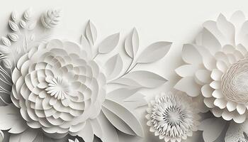 , Paper cut craft flowers and leaves, white color, floral origami textured background, spring mood. Photorealistic effect. photo