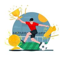 Soccer player with trophy and ball. Flat style vector illustration.