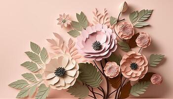 , Paper cut craft flowers and leaves, pastel beige and apricot colors, floral origami textured background, spring mood. Photorealistic effect. photo