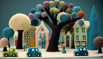 , cute street made of crochet, houses, trees, road, cars. Soft colors, dreamy scene cityscape made of crochet materials, wool, fabric, yarn, sewing for background photo