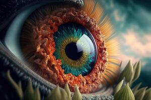 , Macro human open eye of nature, fantasy photorealistic horizontal illustration with plants and sky. Ecology, save nature and environment concept photo