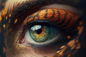 , Macro human open eye with makeup, fantasy photorealistic horizontal illustration. Futuristic fantasy digital art concept. photo