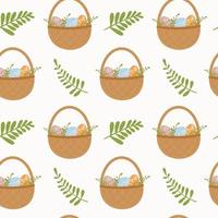 Seamless pattern with basket with easter eggs. Background for wrapping paper, greeting cards and seasonal designs. Happy Easter Day. vector