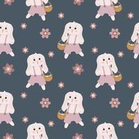 Seamless pattern with bunny, basket and flowers vector