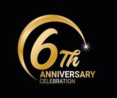 6th Anniversary ordinal number Counting vector art illustration in stunning font on gold color on black background