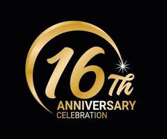 16th Anniversary ordinal number Counting vector art illustration in stunning font on gold color on black background