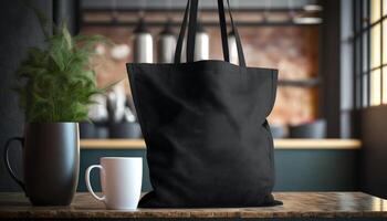 , Realistic black tote canvas fabric bag set-up in at home interior, mug mock up blank. photo