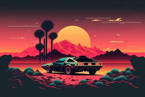 , Retro car in retro style, nostalgic 80s, 90s. Night landscape, sunset colors, scifi, retrowave vintage illustration. Sun, palms, mountains and desert. Transport, automobile concept. photo