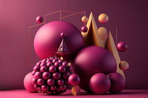 , geometric figures, cube, floating spheres and balls in magenta color. Glossy pink fluid banner, 3D scene effect, modern macro photorealistic abstract background illustration. photo