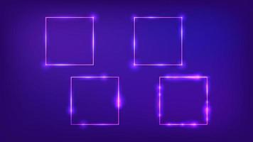 Set of four neon square frames with shining effects on dark background. Empty glowing techno backdrop. Vector illustration.