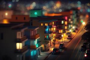 , Night lights scene of city with houses, roads, cars, photorealistic tilt shift, long exposure effect horizontal illustration. Abstract urban night light bokeh defocused background photo