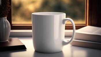 , Realistic white ceramic cup set-up in at home interior, mug mock up blank. Photorealistic illustration photo