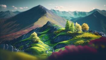 , Mountains spring green landscape, houses, trees, road, beautiful countryside. Nature Illustration, photorealistic tilt shift horizontal banner. photo