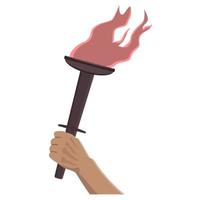 Burning torch in hand in cartoon style isolated on white. Design element. Vector illustration.