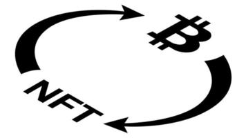 nft y bitcoin btc circulación isométrica concepto con símbolos y cíclico flechas en monocromo silueta aislado en blanco. rotación de no fungible tokens y digital dinero. vector diseño elemento.