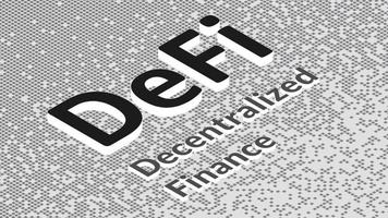 defi - descentralizado finanzas, isométrica texto en fragmentado matriz negro y blanco antecedentes desde cuadrícula. ecosistema de financiero aplicaciones y servicios establecido en público cadenas de bloques vector