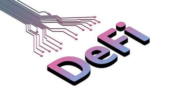 Defi - decentralized finance, isometric text with printed circuit board isolated on white. Ecosystem of financial applications and services based on public blockchains.  Vector illustration.