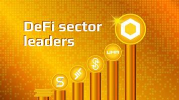 Cryptocurrency coins of DeFi sector on gold pedestals. DeFi altcoins ranked by volume. Vector EPS10.