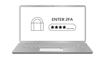 Concept of 2FA two-factor authentication on laptop screen isolated on white. Password field and padlock. Protecting your money. Unlocking via mobile phone. Vector illustration.