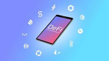 Realistic isometric smartphone with DeFi decentralized finance text and coins icons around on a light background. Beautiful gradient blue to pink. Vector 10.