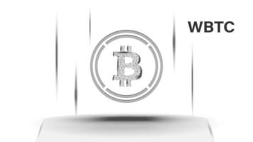 Wrapped Bitcoin WBTC token symbol of the DeFi system above the pedestal. Cryptocurrency logo icon. Decentralized finance programs. Vector illustration for website or banner.