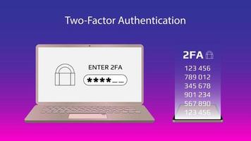 concepto de 2fa dos factores autenticación con un ordenador portátil y codigos en un teléfono inteligente proteger tu dinero. desbloqueo vía móvil teléfono. vector ilustración para sitio web o bandera.