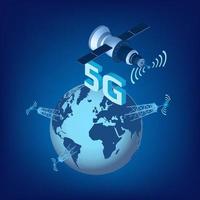 5G LTE technology of high speed data transmission with isometric satellite flying over the planet Earth and high transmission towers. Design element for website or banner. Vector illustration.