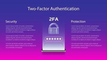 Banner for 2FA two-factor authentication with smartphone and padlock. Protecting your money. Unlocking via mobile phone. Vector illustration for a website.