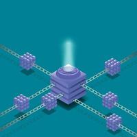 Blockchain technology isometric concept with copy space over spotlight. Composite cubes hanging on chains. Vector illustration.