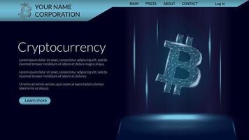 Cryptocurrency website page template with cryptocurrency polygonal wireframe Bitcoin token. Digital coin logo with a brief description. Website header layout. Vector illustration.