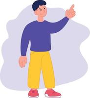 Cartoon man with a pointing finger. Male pointing or attracting viewers attention. Bright hand drawn boy with raised index finger vector